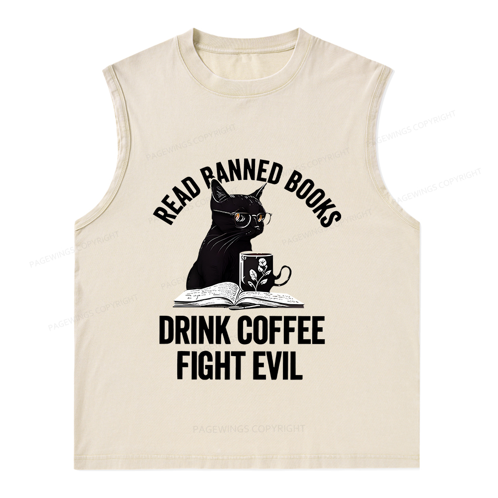 Pagewings Read Books Drink Coffee Fight Evil Shirt Unisex Washed Tank Top
