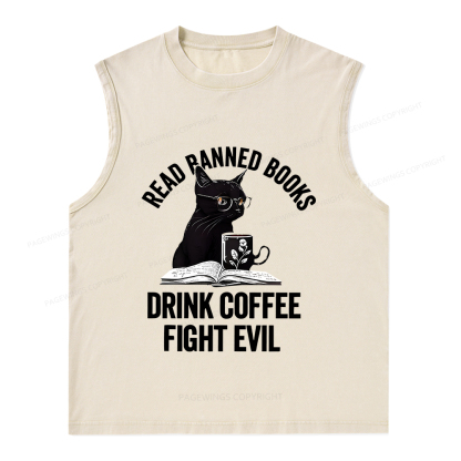 Pagewings Read Books Drink Coffee Fight Evil Shirt Unisex Washed Tank Top