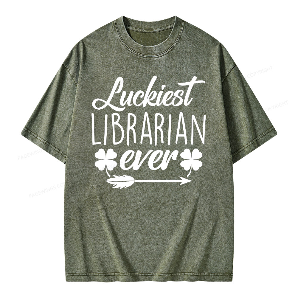 Pagewings Luckiest Librarian Unisex Washed T-shirt