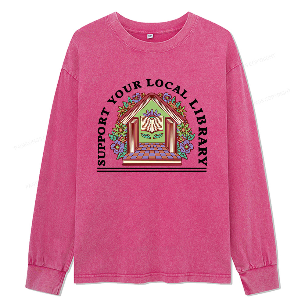 Pagewings Support Your Local Library Unisex Washed Long Sleeve T-shirt