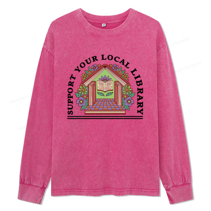 Pagewings Support Your Local Library Unisex Washed Long Sleeve T-shirt