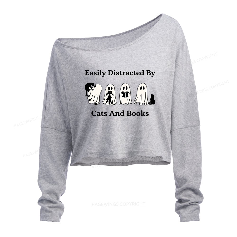 Pagewings Easily Distracted By Cats And Books Slouchy Long Sleeve Off Shoulder T-shirt