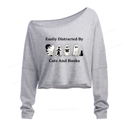 Pagewings Easily Distracted By Cats And Books Slouchy Long Sleeve Off Shoulder T-shirt