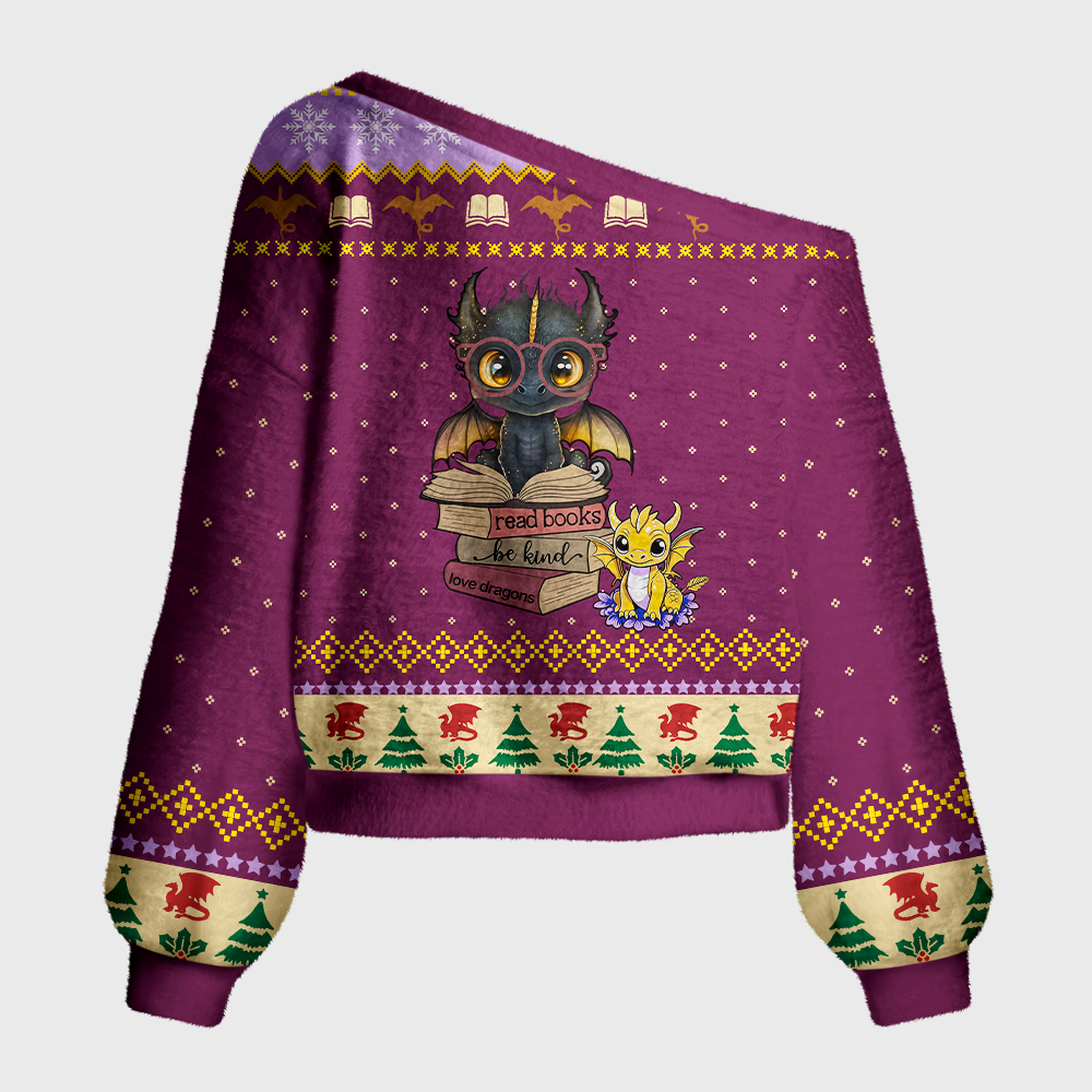 Pagewings Book Dragon Off Shoulder Ugly Knit Sweater