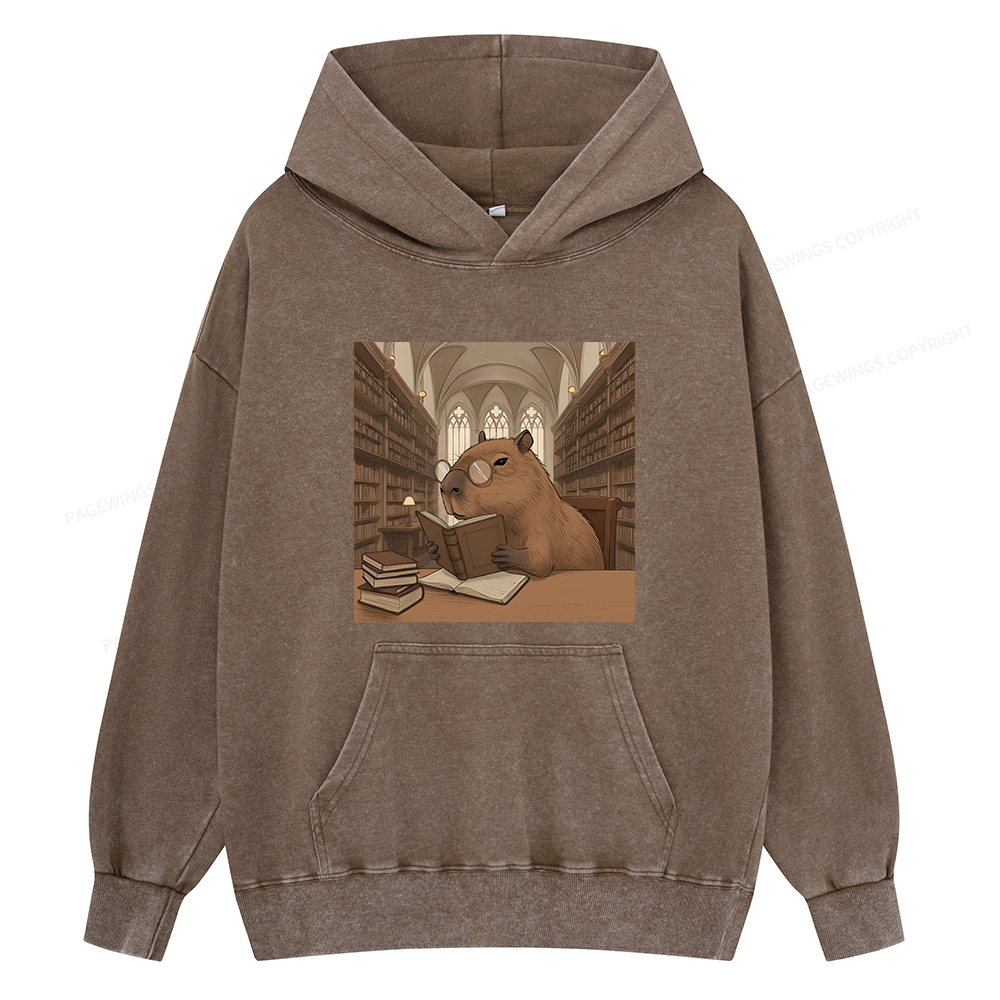 Pagewings The Reader Capybara Unisex Washed Hoodie