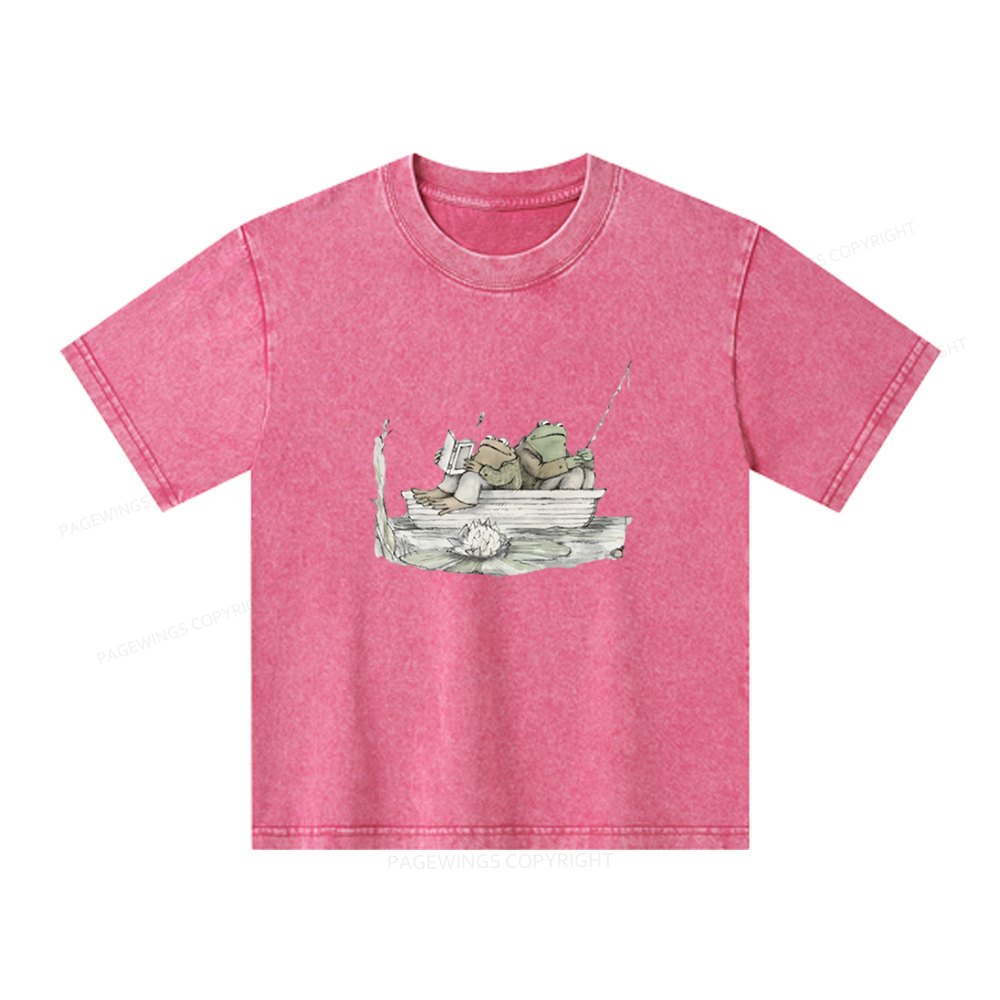 Pagewings Frog Reading Unisex Kids Washed T-shirt