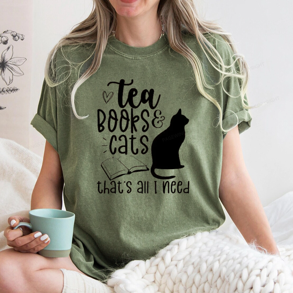 Pagewings Tea Books Cats That's All I Need Unisex Washed T-shirt