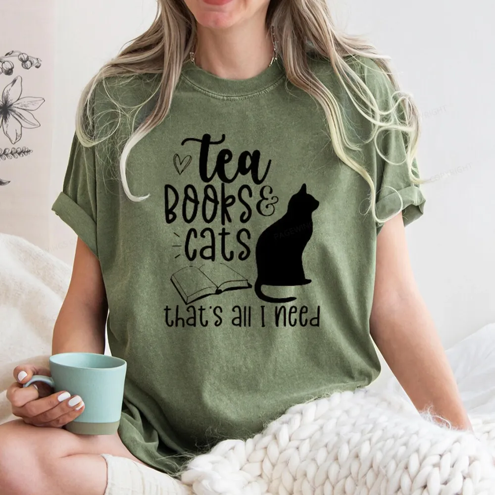 Pagewings Tea Books Cats That's All I Need Unisex Washed T-shirt
