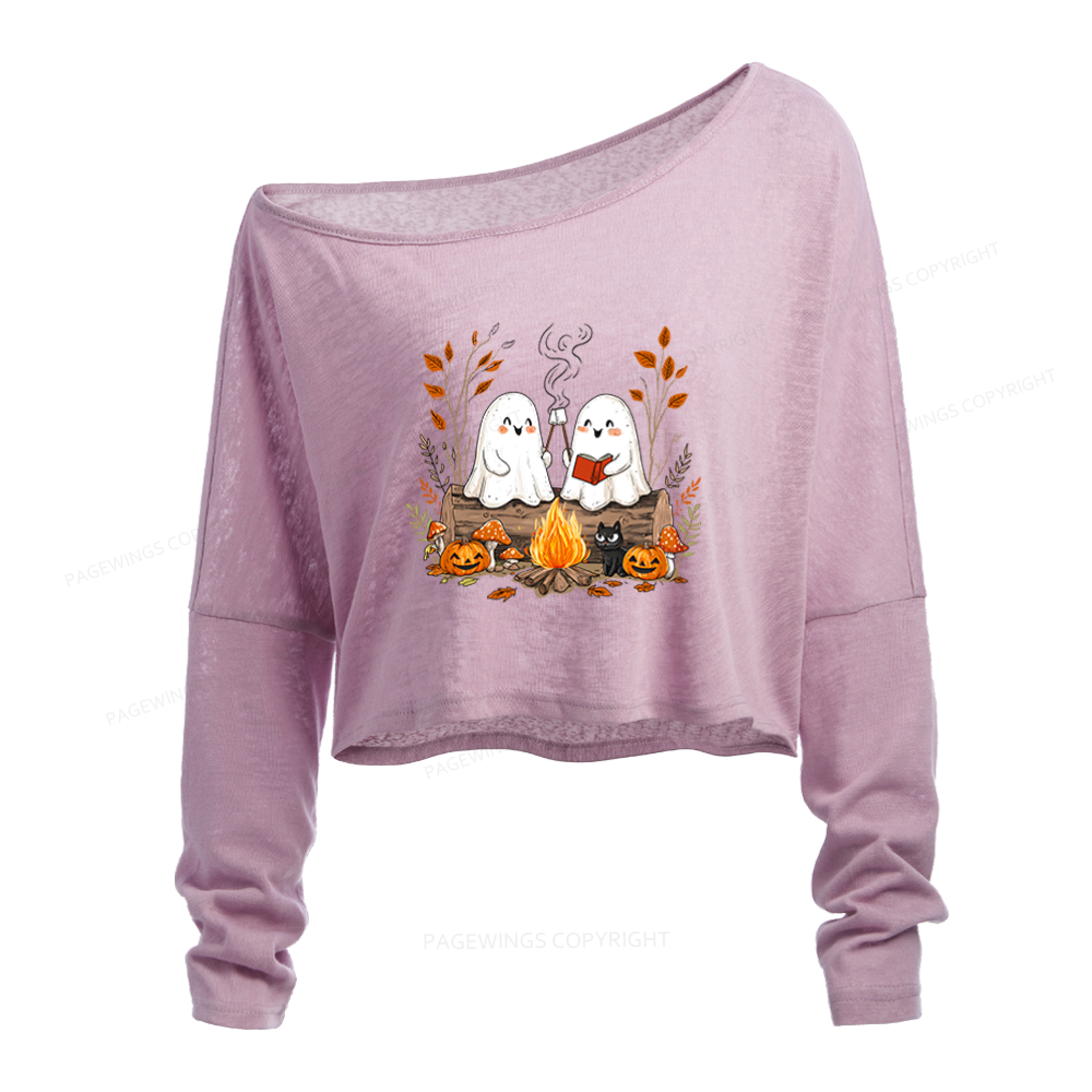 Pagewings Cute Ghost Halloween Slouchy Long Sleeve Off Shoulder T-shirt