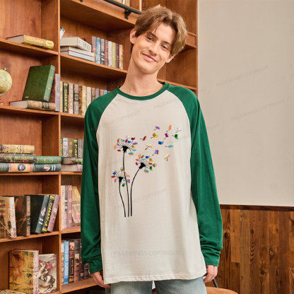 Pagewings Cute Dandelion Books Flower Fly Long Sleeve Raglan T-shirt