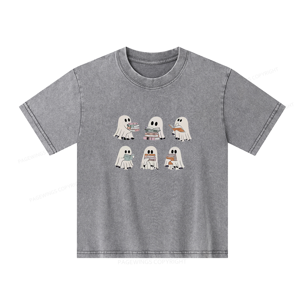Pagewings Ghost Reading Halloween Unisex Kids Washed T-shirt