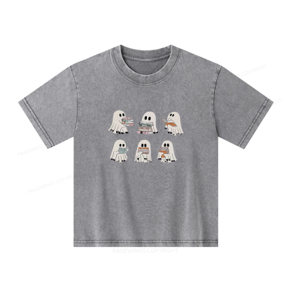 Pagewings Ghost Reading Halloween Unisex Kids Washed T-shirt