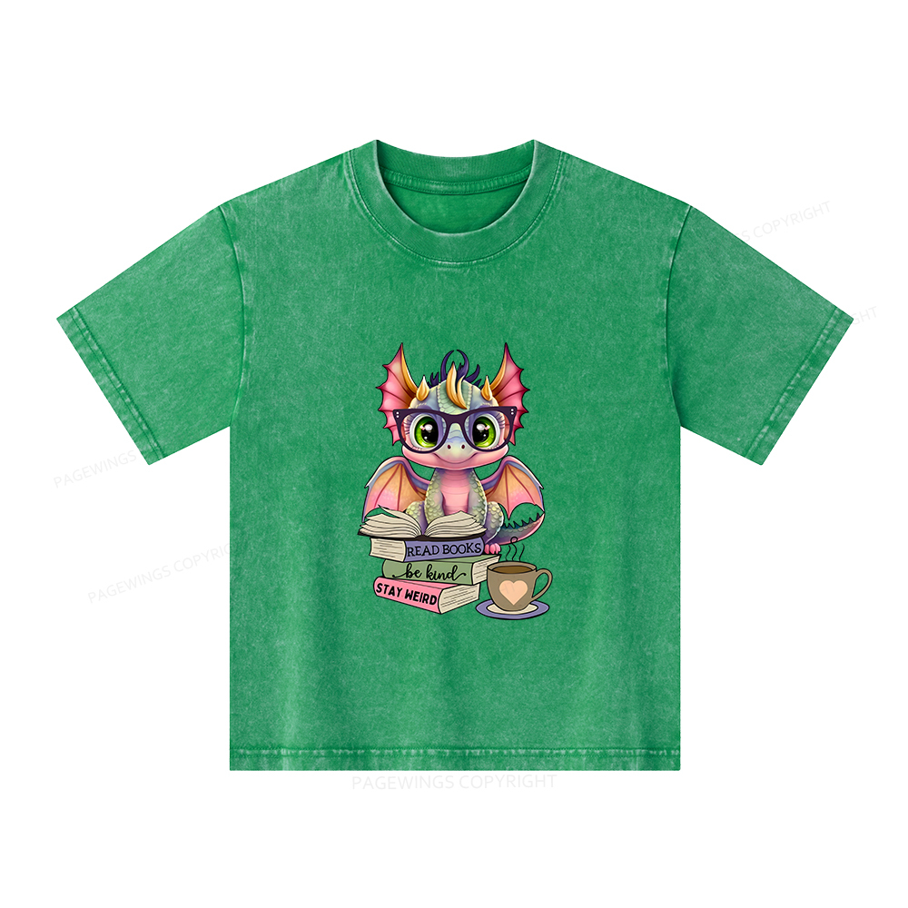 Pagewings Cute Dragon Reading Unisex Kids Washed T-shirt