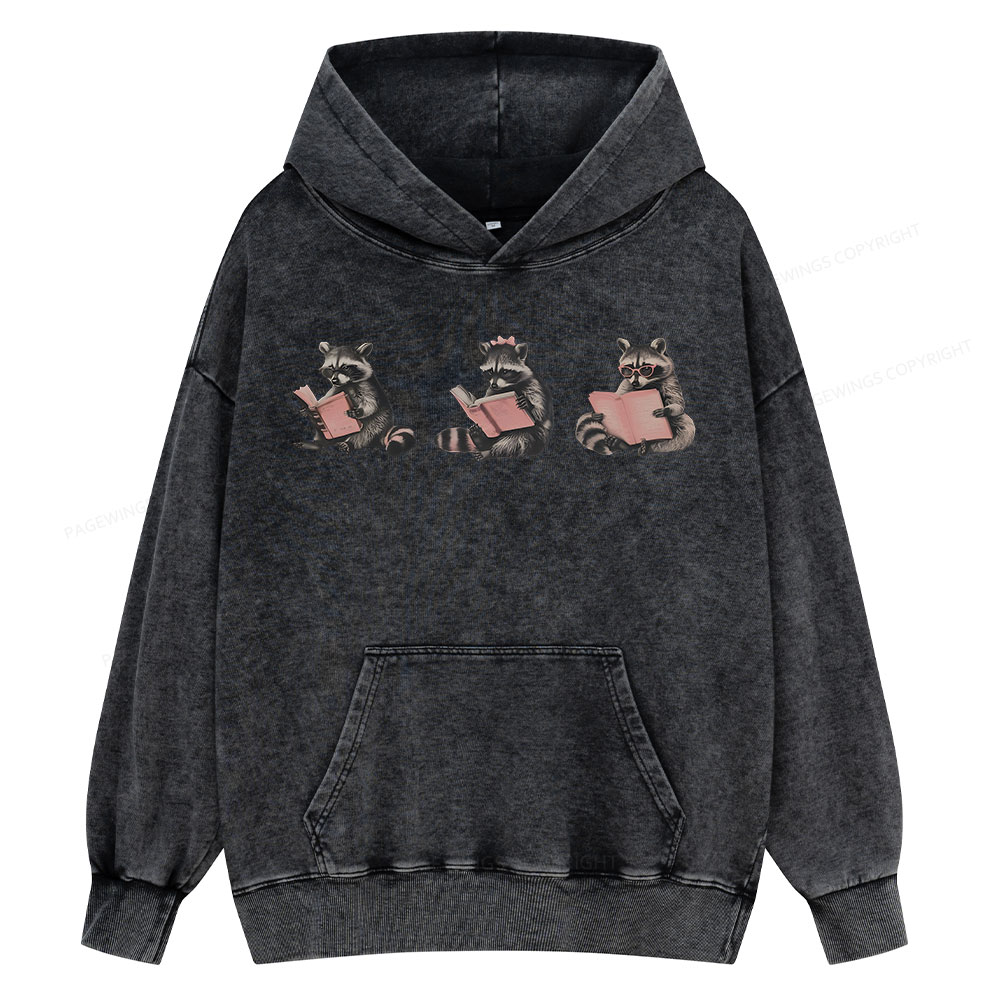 Pagewings Funny Raccoon Bookish Gift Unisex Washed Hoodie