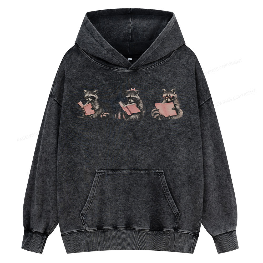 Pagewings Funny Raccoon Bookish Gift Unisex Washed Hoodie