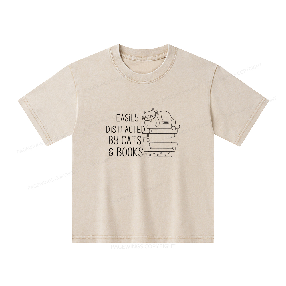 Pagewings Easily Distracted By Cats and Books Unisex Kids Washed T-shirt