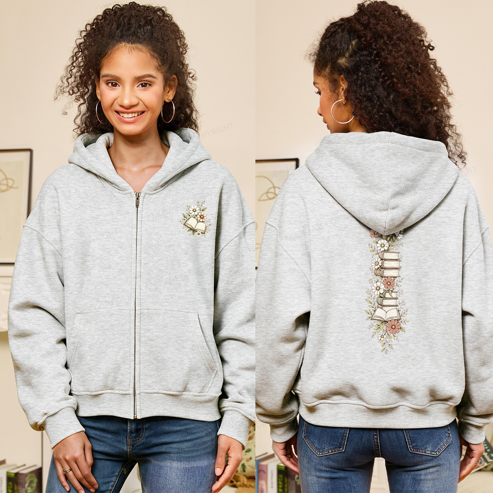 Pagewings Vintage Bookcore Fleece Zip-Up Hoodie
