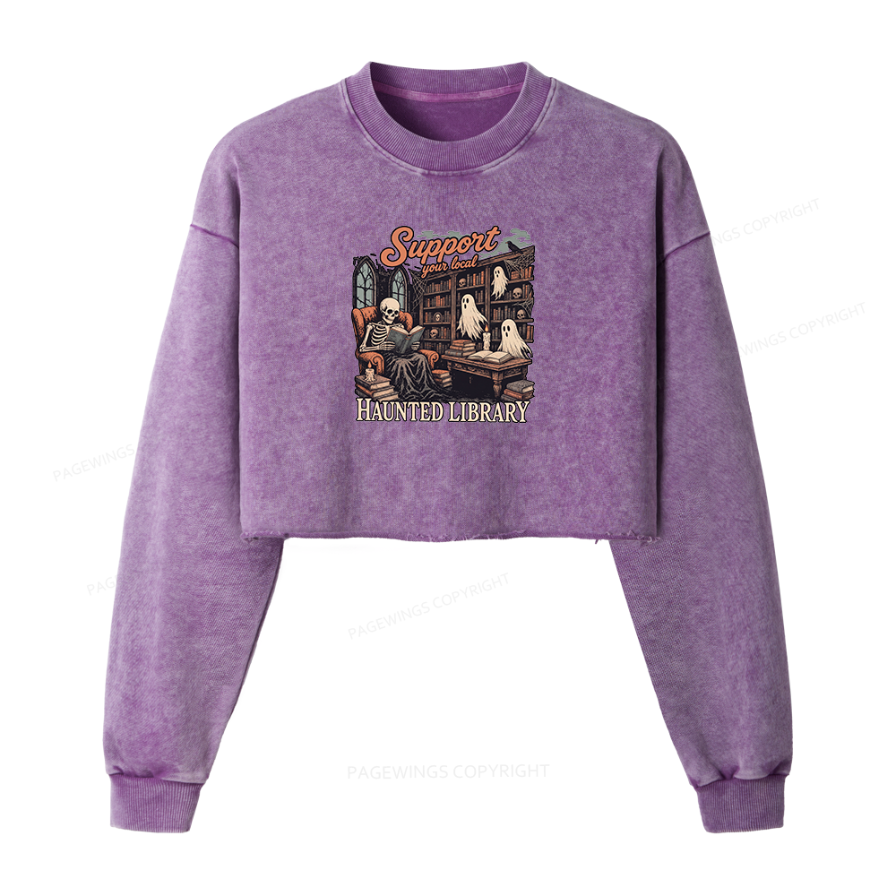 Pagewings Support Your Local Haunted Library Washed Crop Sweatshirt