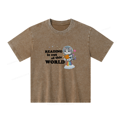 Pagewings Cat Reading in Space Unisex Kids Washed T-shirt