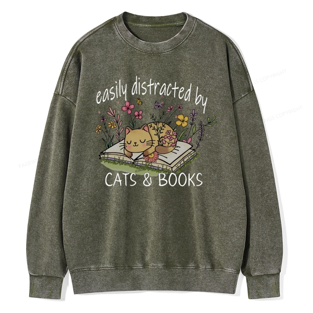 Pagewings Easily Distracted By Cats And Books Unisex Washed Sweatshirt