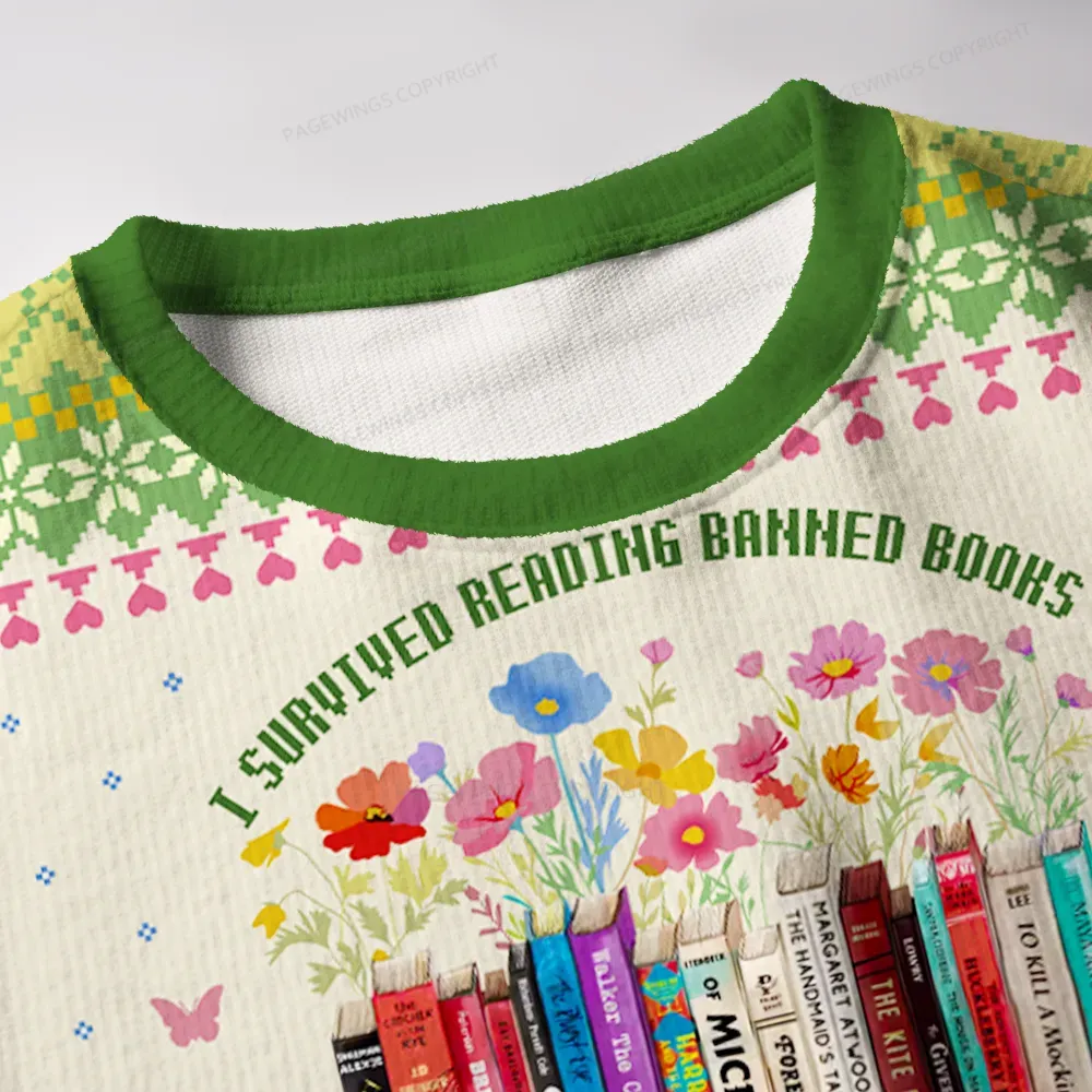 Pagewings I Survived Reading Banned Books Unisex Ugly Knit Sweatshirt