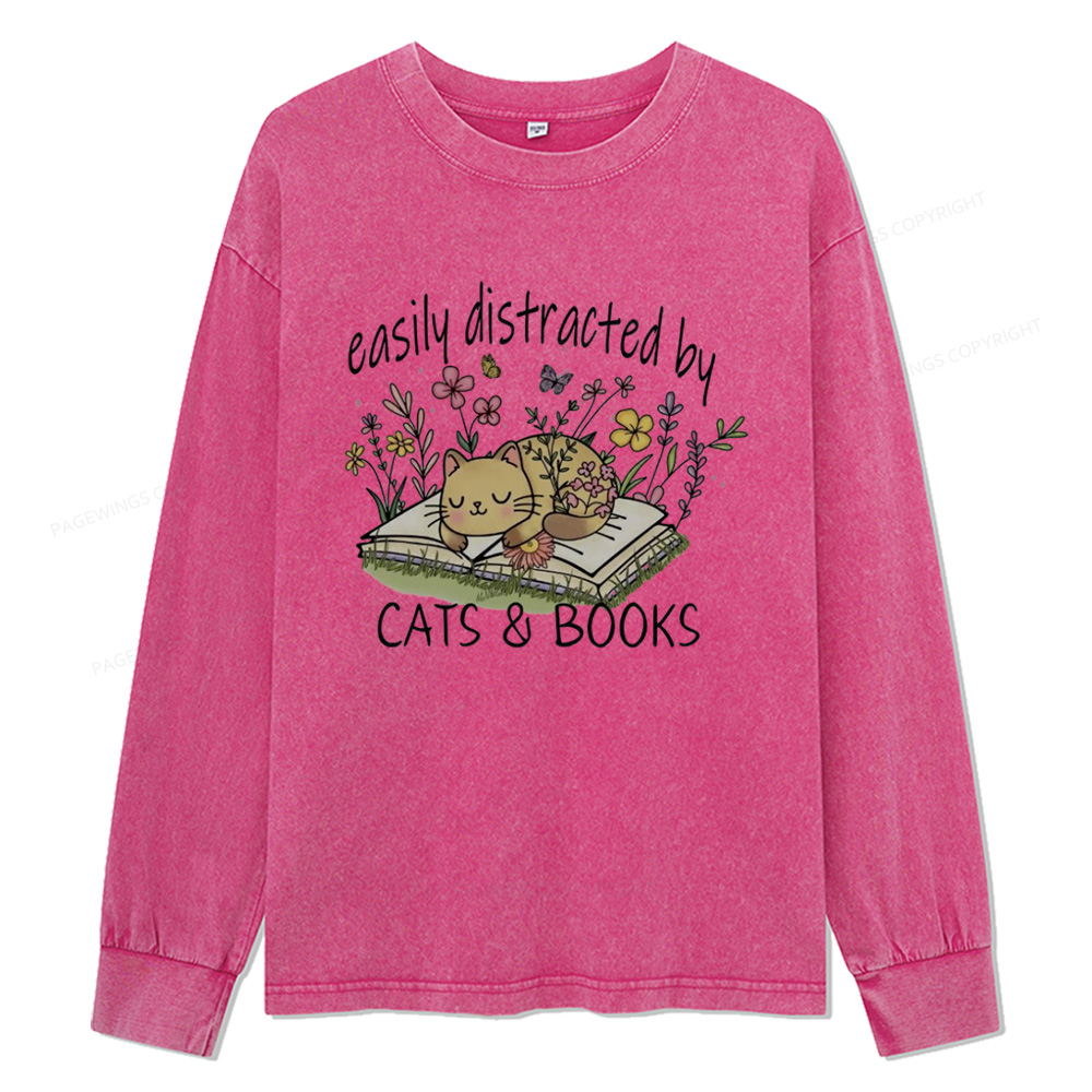 Pagewings Easily Distracted By Cats And Books Unisex Washed Long Sleeve T-shirt