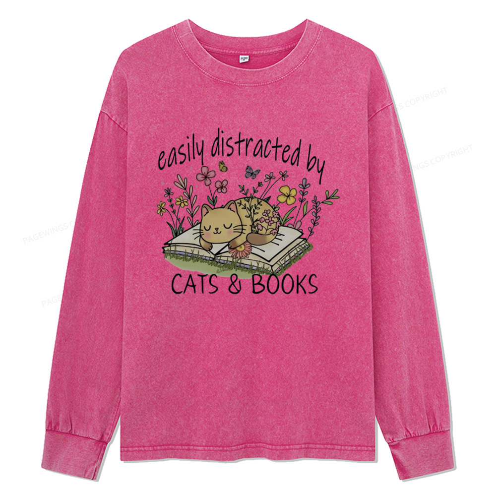 Pagewings Easily Distracted By Cats And Books Unisex Washed Long Sleeve T-shirt