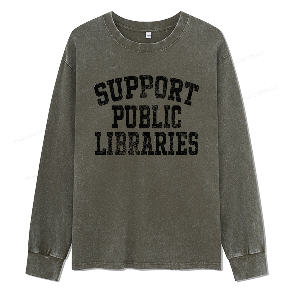 Pagewings Support Public Libraries Unisex Washed Long Sleeve T-shirt