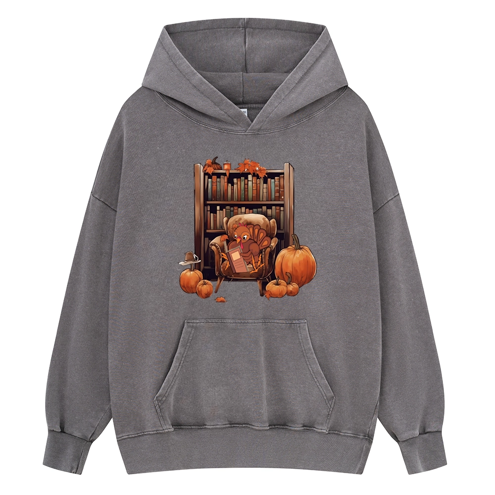 Pagewings Thanksgiving Turkey Reading Unisex Washed Hoodie
