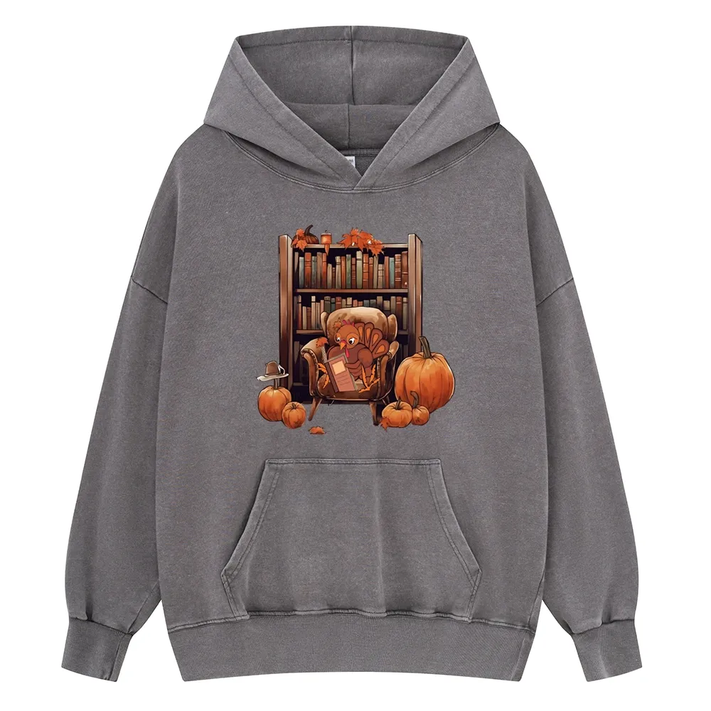 Pagewings Thanksgiving Turkey Reading Unisex Washed Hoodie