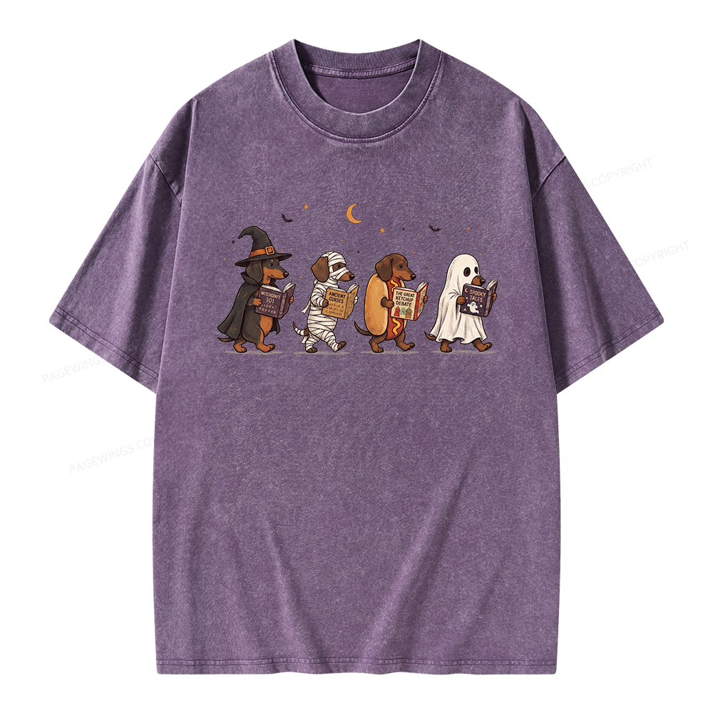 Pagewings Cute Spooky Season Wiener Dog Reading Unisex Washed T-shirt