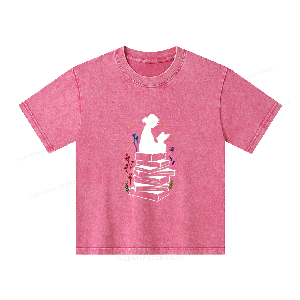 Pagewings Girl Reading Unisex Kids Washed T-shirt