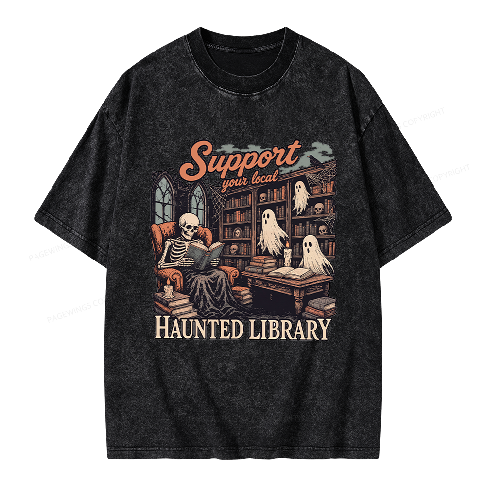 Pagewings Support Your Local Haunted Library Unisex Washed T-shirt