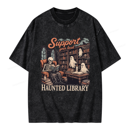 Pagewings Support Your Local Haunted Library Unisex Washed T-shirt