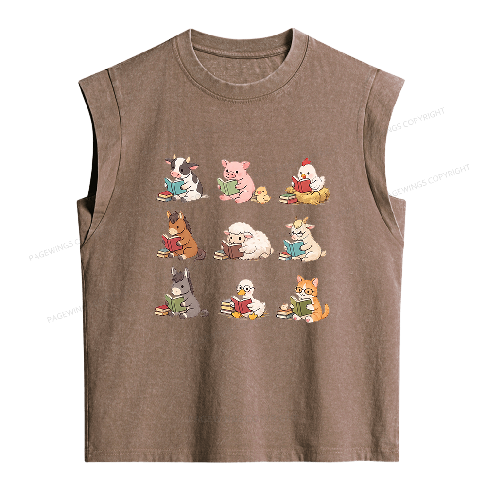 Pagewing Farm Animals Reading Women's Washed Tank Top