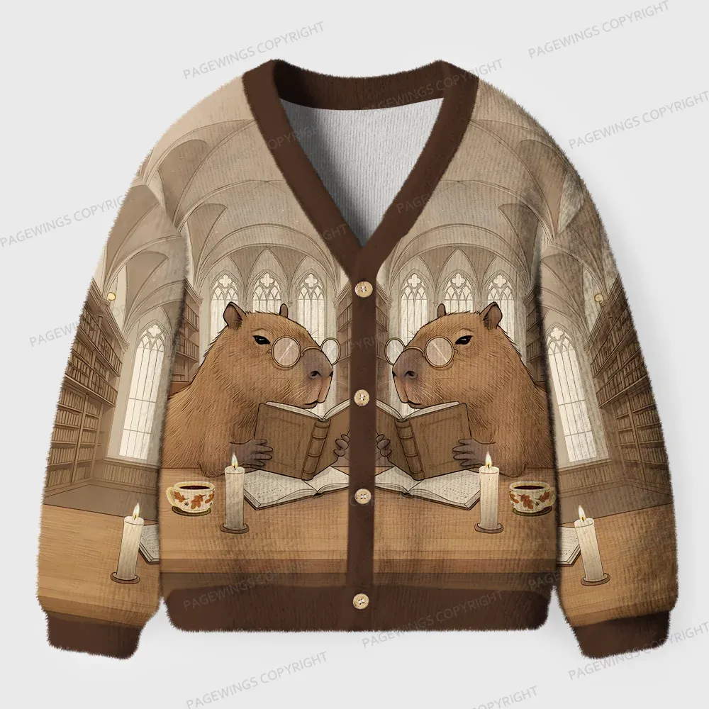 Pagewings Capybara Reading Unisex Ugly Cardigan Sweaters