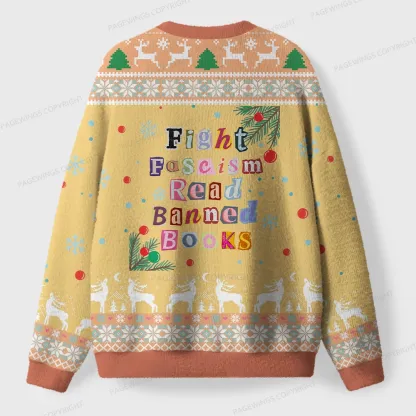 Pagewings Fight Fascism Read Banned Books Unisex Ugly Knit Sweatshirt
