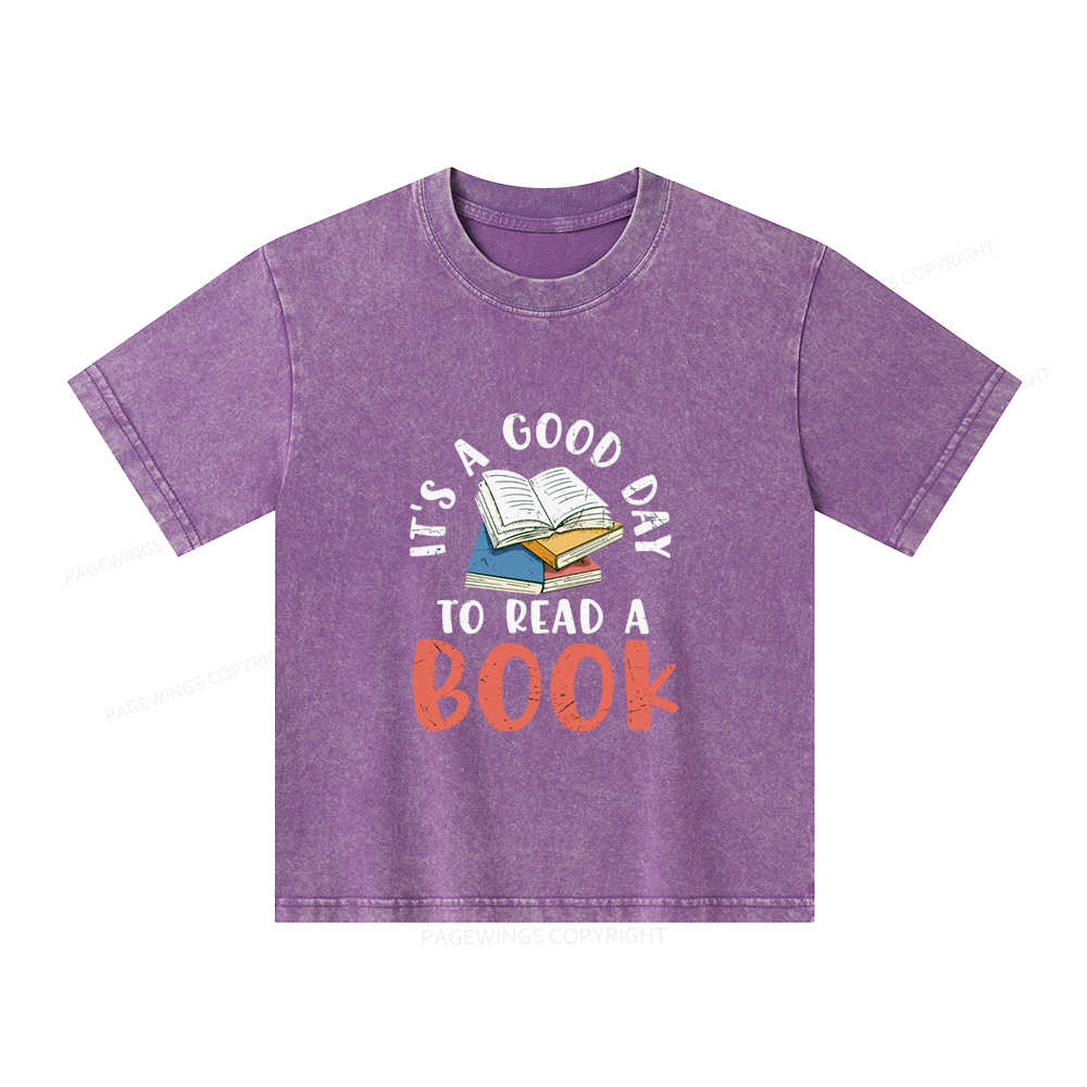 Pagewings It’s a Good Day to Read a Book Unisex Kids Washed T-shirt