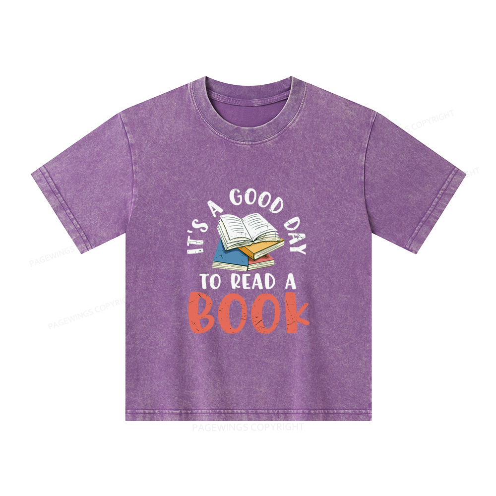 Pagewings It’s a Good Day to Read a Book Unisex Kids Washed T-shirt