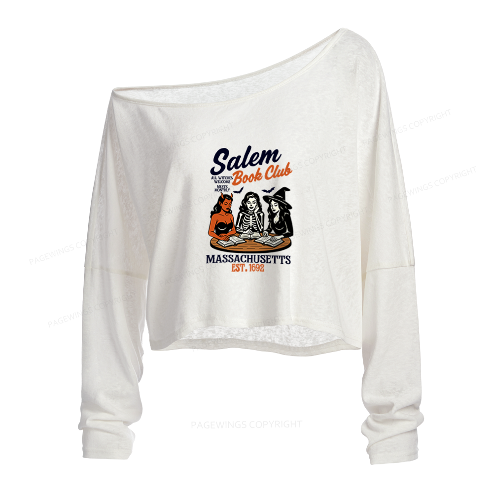 Pagewings Salem Book Club Slouchy Long Sleeve Off Shoulder T-shirt
