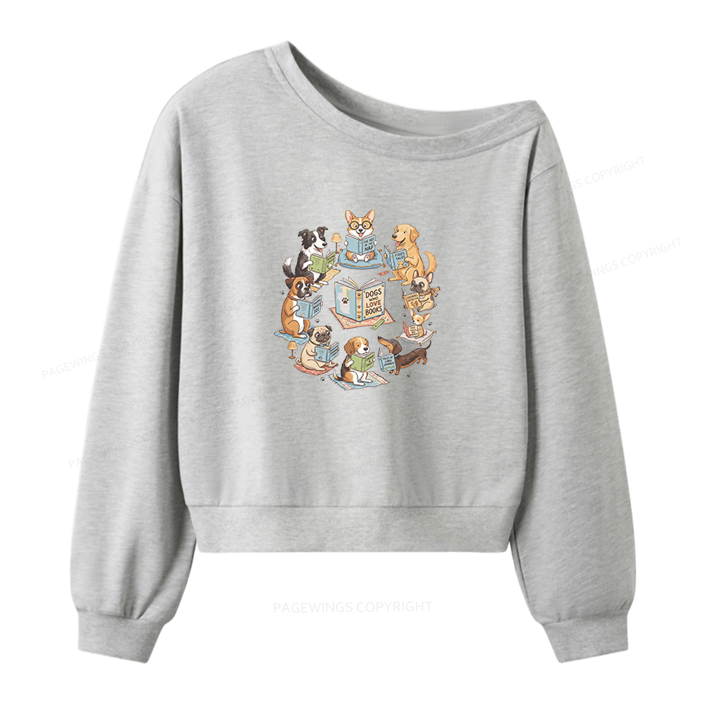 Pagewings Funny Dog Reading Women Off Shoulder Sweatshirt