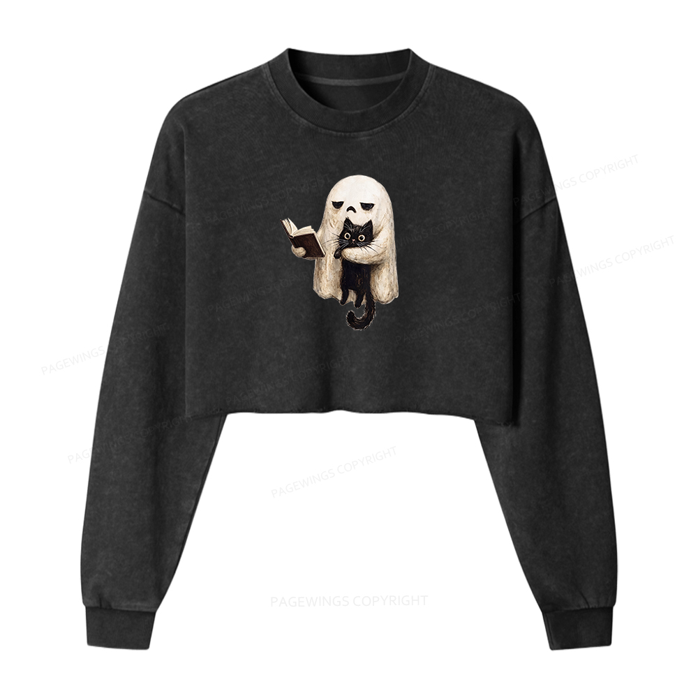 Pagewings Ghost Cat Washed Crop Sweatshirt