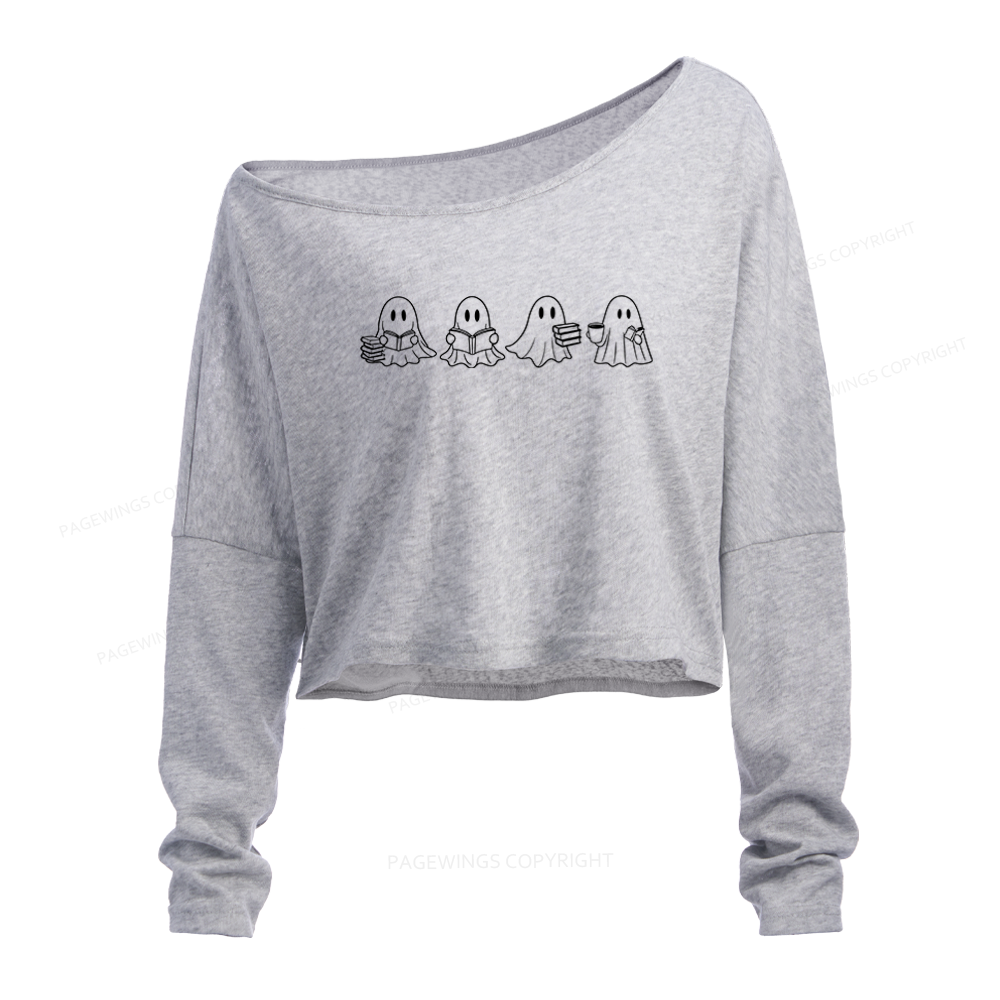 Pagewings Halloween Cute Ghost Reading Books Slouchy Long Sleeve Off Shoulder T-shirt