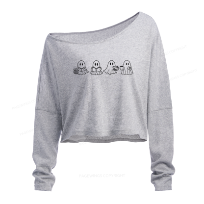 Pagewings Halloween Cute Ghost Reading Books Slouchy Long Sleeve Off Shoulder T-shirt