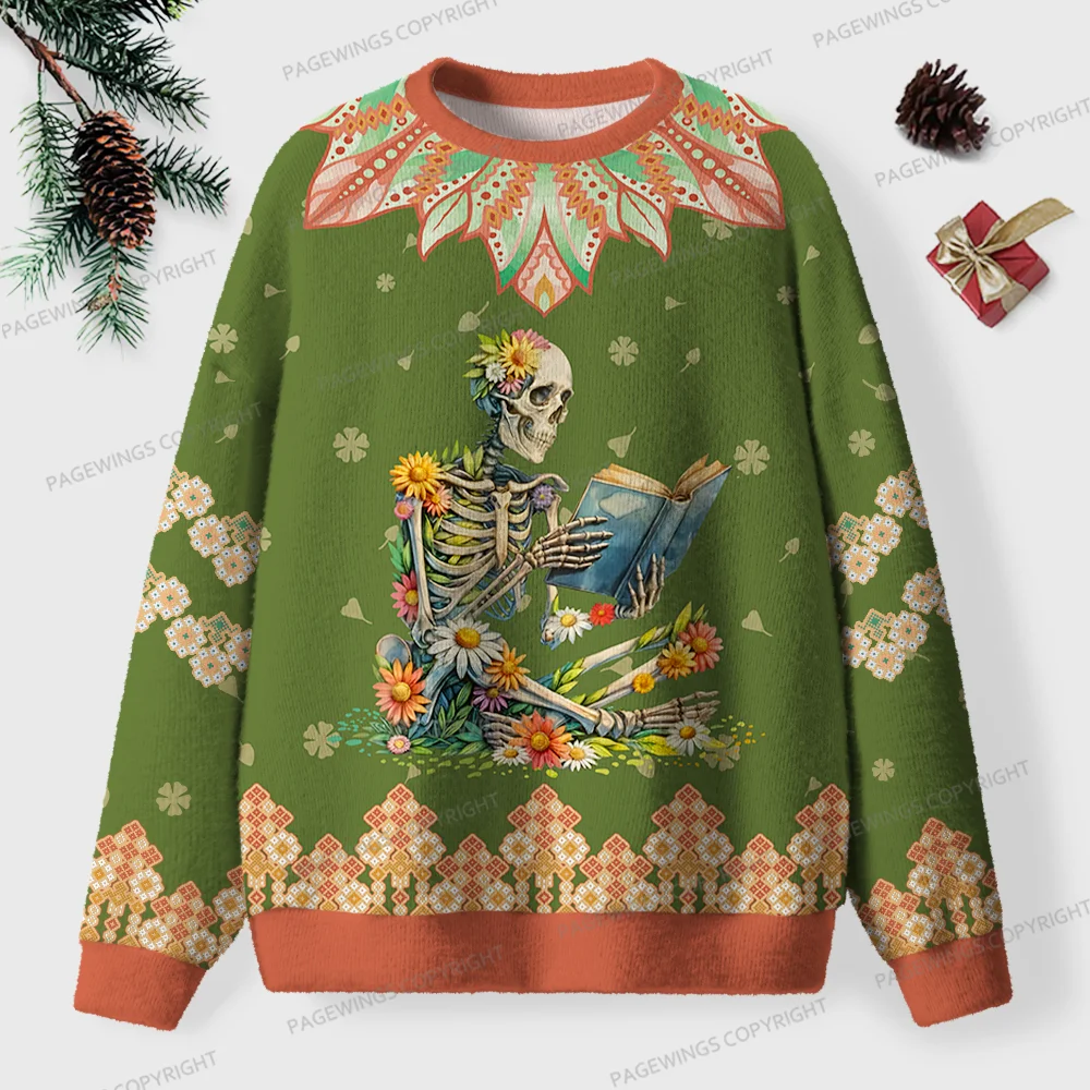 Pagewings Skeleton Reading Unisex Ugly Knit Sweatshirt