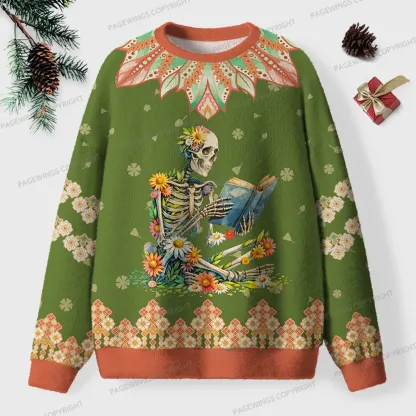 Pagewings Skeleton Reading Unisex Ugly Knit Sweatshirt