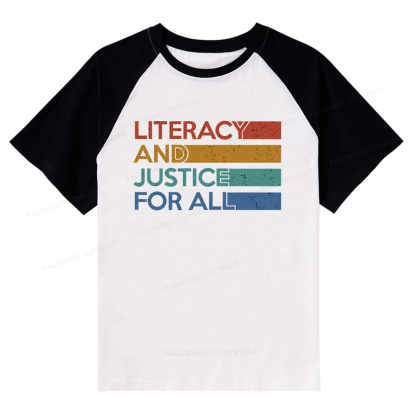 Pagewings Literacy and Justice For All Raglan T-shirt
