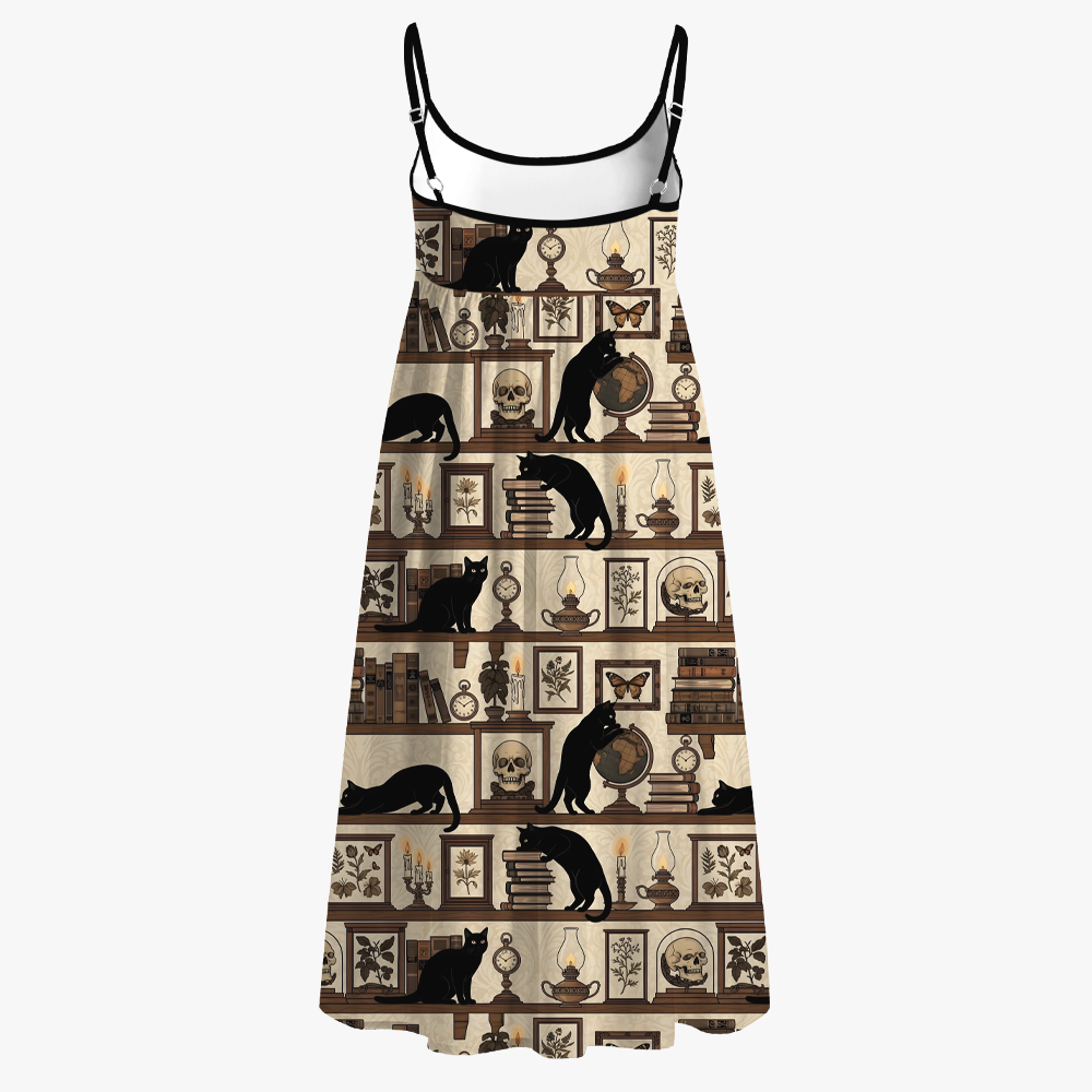 Pagewings Square Neck Cat Lover Printed Spaghetti Strap Midi Sundress