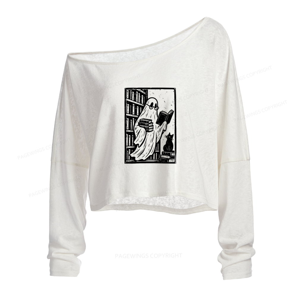 Pagewings Book Lover Halloween Slouchy Long Sleeve Off Shoulder T-shirt
