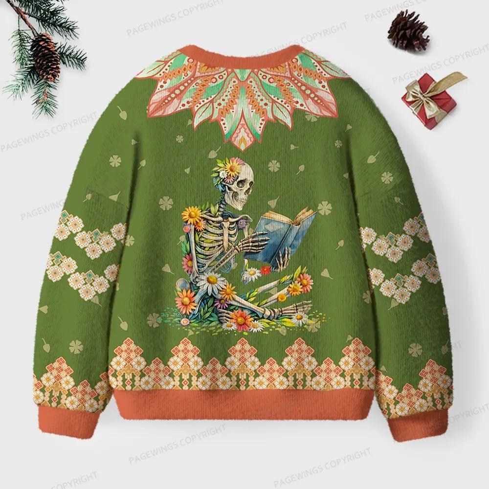 Pagewings Skeleton Reading Unisex Ugly Knit Sweatshirt